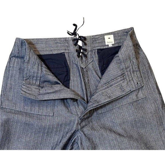Jipijapa Japan Pants Size 2 Blue Herringbone Button High Rise Lace Up Back - Picture 6 of 8